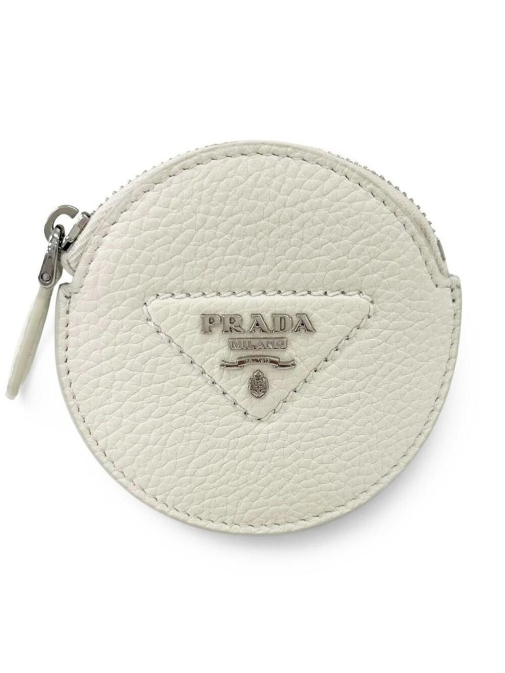 Prada Portamonete Vitello Daino Triangle Logo Round Coin Purse White